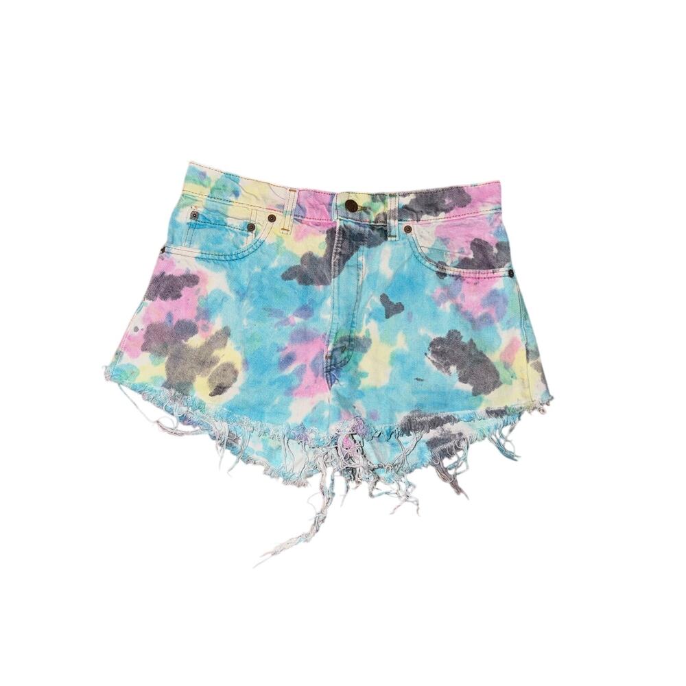 Vintage women’s Levi’s cutoff shorts tiedye colorful pride hippie thrashed